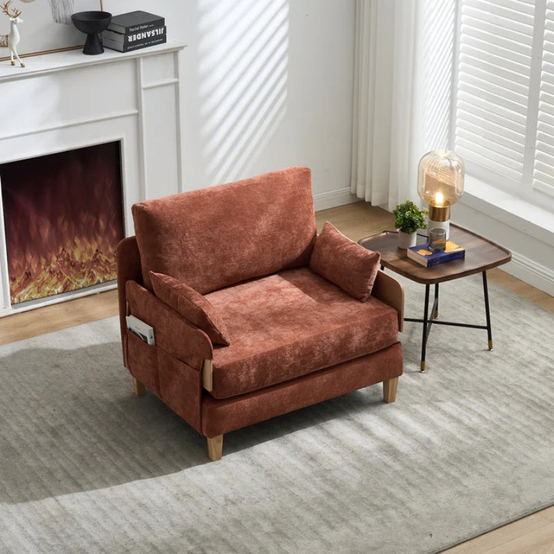 Mid-Century Modern Foldable Sofa Bed Recliner, 3-in-1 Convertible Sleeper, Orange Chenille, with Three Pillows-海智集-Default-