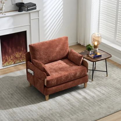 Mid-Century Modern Foldable Sofa Bed Recliner, 3-in-1 Convertible Sleeper, Orange Chenille, with Three Pillows-海智集-Default-