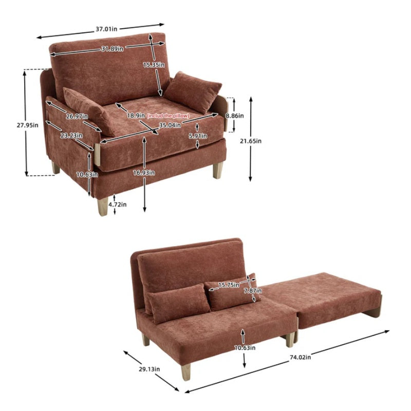 Mid-Century Modern Foldable Sofa Bed Recliner, 3-in-1 Convertible Sleeper, Orange Chenille, with Three Pillows-海智集-Default-