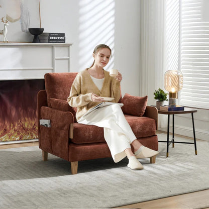 Mid-Century Modern Foldable Sofa Bed Recliner, 3-in-1 Convertible Sleeper, Orange Chenille, with Three Pillows-海智集-Default-