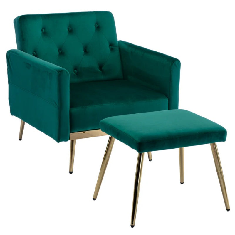COOLMORE Velvet Accent Chair with Adjustable Armrests and Backrest, Button Tufted Lounge Chair, Single Recliner Armchair with Ottoman-海智集-Default-