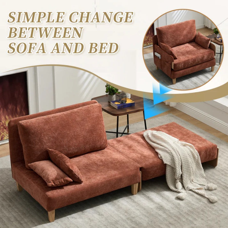 Mid-Century Modern Foldable Sofa Bed Recliner, 3-in-1 Convertible Sleeper, Orange Chenille, with Three Pillows-海智集-Default-