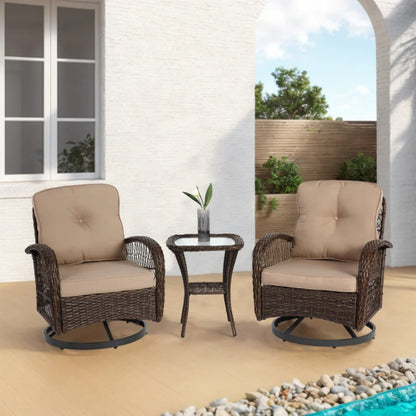 3 Pieces Outdoor Swivel Rocker Patio Chairs, 360 Degree Rocking Patio Conversation Set with Thickened Cushions and Glass Coffee Table for Backyard, Khaki-海智集-Default-