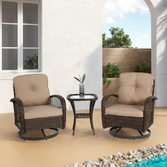3 Pieces Outdoor Swivel Rocker Patio Chairs, 360 Degree Rocking Patio Conversation Set with Thickened Cushions and Glass Coffee Table for Backyard, Khaki-海智集-Default-