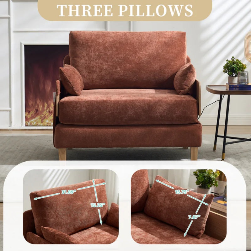 Mid-Century Modern Foldable Sofa Bed Recliner, 3-in-1 Convertible Sleeper, Orange Chenille, with Three Pillows-海智集-Default-