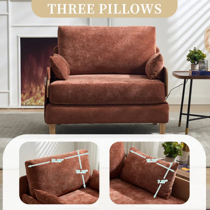 Mid-Century Modern Foldable Sofa Bed Recliner, 3-in-1 Convertible Sleeper, Orange Chenille, with Three Pillows-海智集-Default-