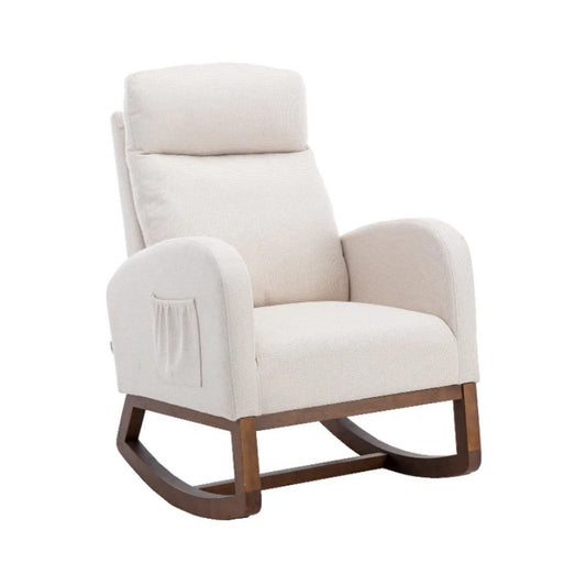 Rocking Chair, Modern Glider Chair, Recliner Armchair with Wood Legs and Side Pocket, Nursery Rocking Accent Chair with High Back for Living Room Bedroom (Beige linen)-海智集-Default-