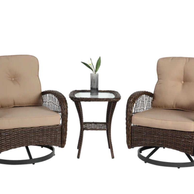 3 Pieces Outdoor Swivel Rocker Patio Chairs, 360 Degree Rocking Patio Conversation Set with Thickened Cushions and Glass Coffee Table for Backyard, Khaki-海智集-Default-