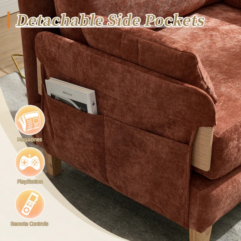 Mid-Century Modern Foldable Sofa Bed Recliner, 3-in-1 Convertible Sleeper, Orange Chenille, with Three Pillows-海智集-Default-