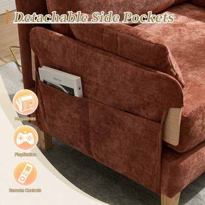 Mid-Century Modern Foldable Sofa Bed Recliner, 3-in-1 Convertible Sleeper, Orange Chenille, with Three Pillows-海智集-Default-