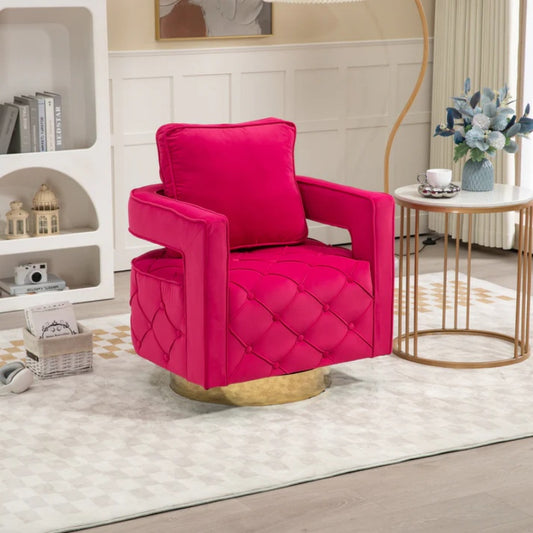Swivel Accent Chair - Modern Accent Chair with Pillow, Velvet Armchair Side Chair with Tufted Button for Living Room, Bedroom, Office(RED)-海智集-Default-