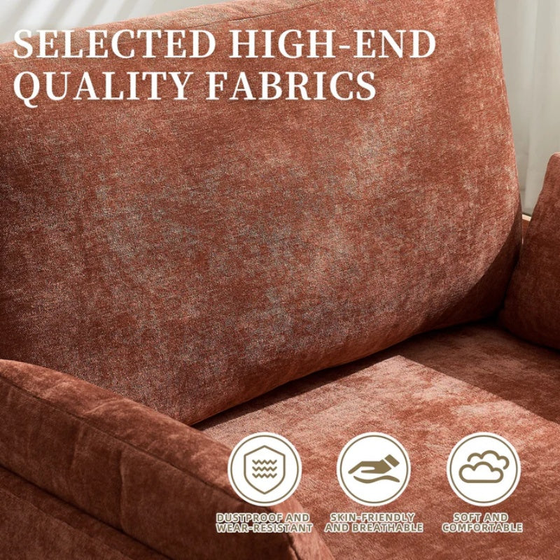Mid-Century Modern Foldable Sofa Bed Recliner, 3-in-1 Convertible Sleeper, Orange Chenille, with Three Pillows-海智集-Default-