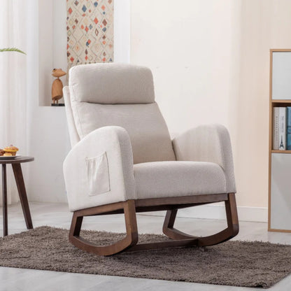 Rocking Chair, Modern Glider Chair, Recliner Armchair with Wood Legs and Side Pocket, Nursery Rocking Accent Chair with High Back for Living Room Bedroom (Beige linen)-海智集-Default-