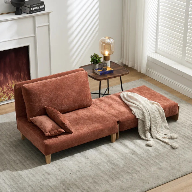 Mid-Century Modern Foldable Sofa Bed Recliner, 3-in-1 Convertible Sleeper, Orange Chenille, with Three Pillows-海智集-Default-