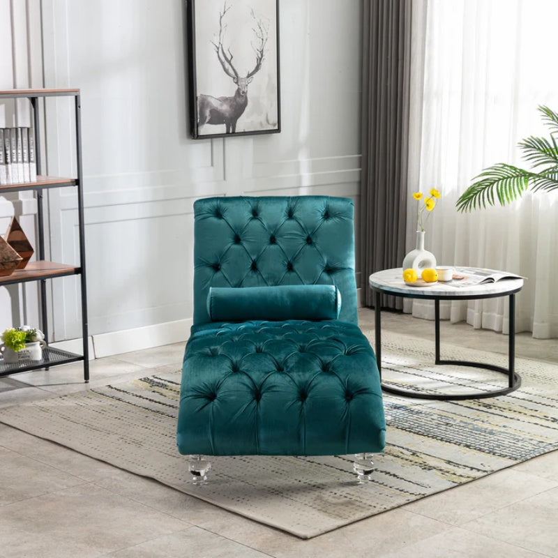 Velvet Chaise Lounge Indoor, Button-Tufted Upholstered Chaise Lounge Chair with Pillow, Teal Velvet, 63.38 inch-海智集-Default-
