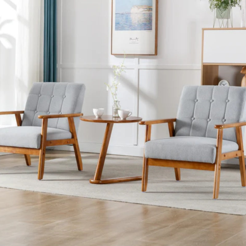Accent Chairs Set of 2 with Side Table, Mid Century Modern Accent Chair, Wood and Fabric Armchairs Side Chair, Lounge Reading Comfy Arm Chair for Living Room, Bedroom, Office-海智集-Default-
