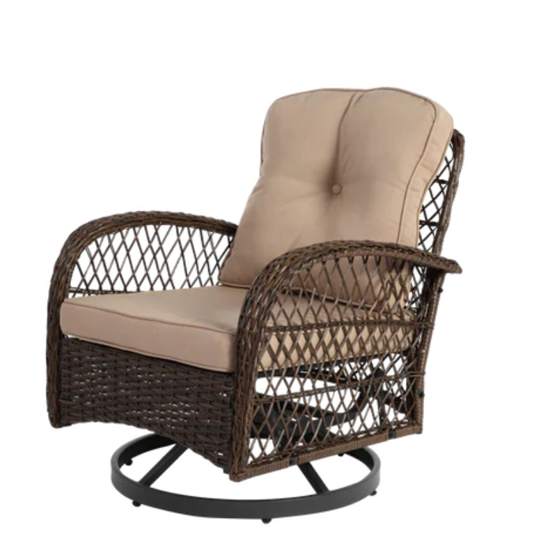 3 Pieces Outdoor Swivel Rocker Patio Chairs, 360 Degree Rocking Patio Conversation Set with Thickened Cushions and Glass Coffee Table for Backyard, Khaki-海智集-Default-
