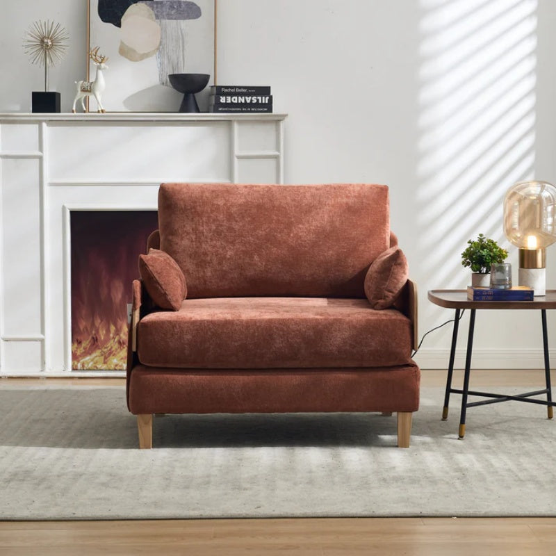 Mid-Century Modern Foldable Sofa Bed Recliner, 3-in-1 Convertible Sleeper, Orange Chenille, with Three Pillows-海智集-Default-