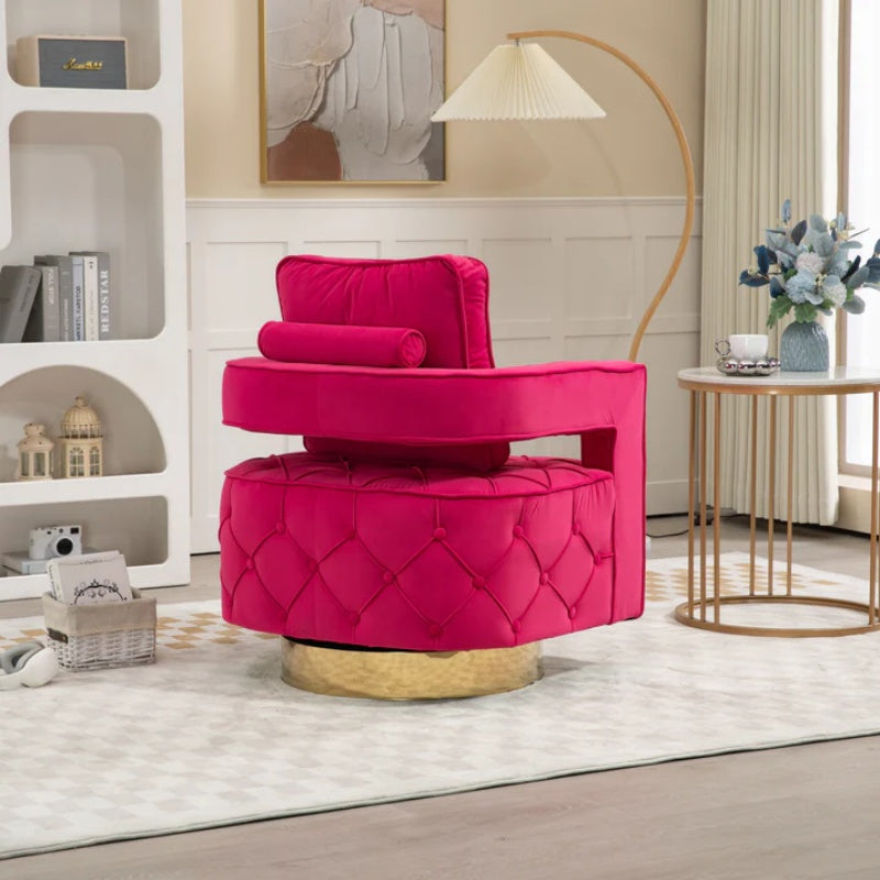 Swivel Accent Chair - Modern Accent Chair with Pillow, Velvet Armchair Side Chair with Tufted Button for Living Room, Bedroom, Office(RED)-海智集-Default-