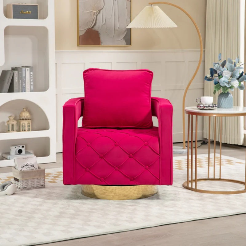Swivel Accent Chair - Modern Accent Chair with Pillow, Velvet Armchair Side Chair with Tufted Button for Living Room, Bedroom, Office(RED)-海智集-Default-