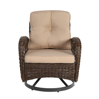 3 Pieces Outdoor Swivel Rocker Patio Chairs, 360 Degree Rocking Patio Conversation Set with Thickened Cushions and Glass Coffee Table for Backyard, Khaki-海智集-Default-