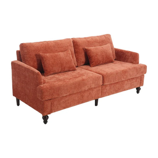 Mid Century Modern Chenille Fabric Loveseat Sofa with Brown Wood Feet, 2-Seat Upholstered Couch in Orange for Living Room or Bedroom-海智集-Default-