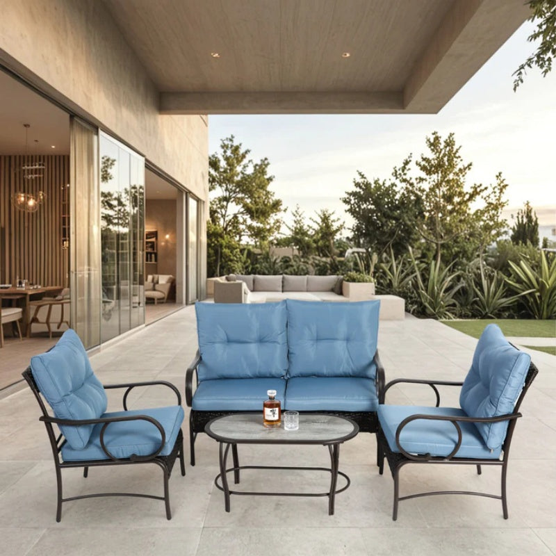 4 Piece Outdoor Patio Furniture Sets, Wicker Conversation Set for Porch Deck, Brown Rattan Sofa Chair with Cushion-海智集-Default-