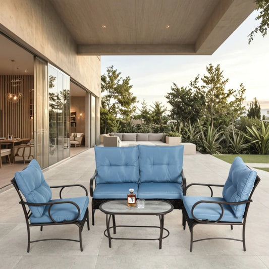 4 Piece Outdoor Patio Furniture Sets, Wicker Conversation Set for Porch Deck, Brown Rattan Sofa Chair with Cushion-海智集-Default-
