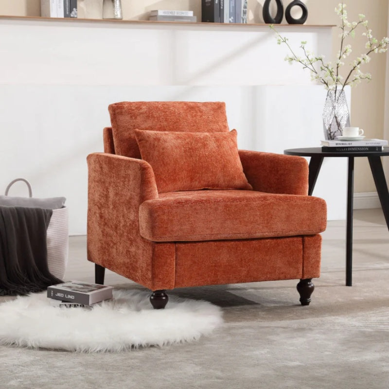 Modern Mid Century Wood Frame Armchair with Tufted Design and Orange Chenille Upholstery-海智集-Default-