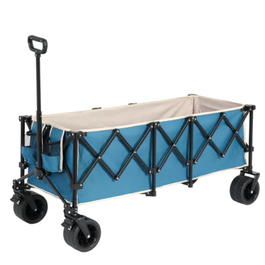 Foldable Extended Wagon with 220lbs Weight Capacity, Heavy Duty 300L Folding Utility Garden Cart with Big All-Terrain Beach Wheels & Drink Holders. Blue-海智集-Default-