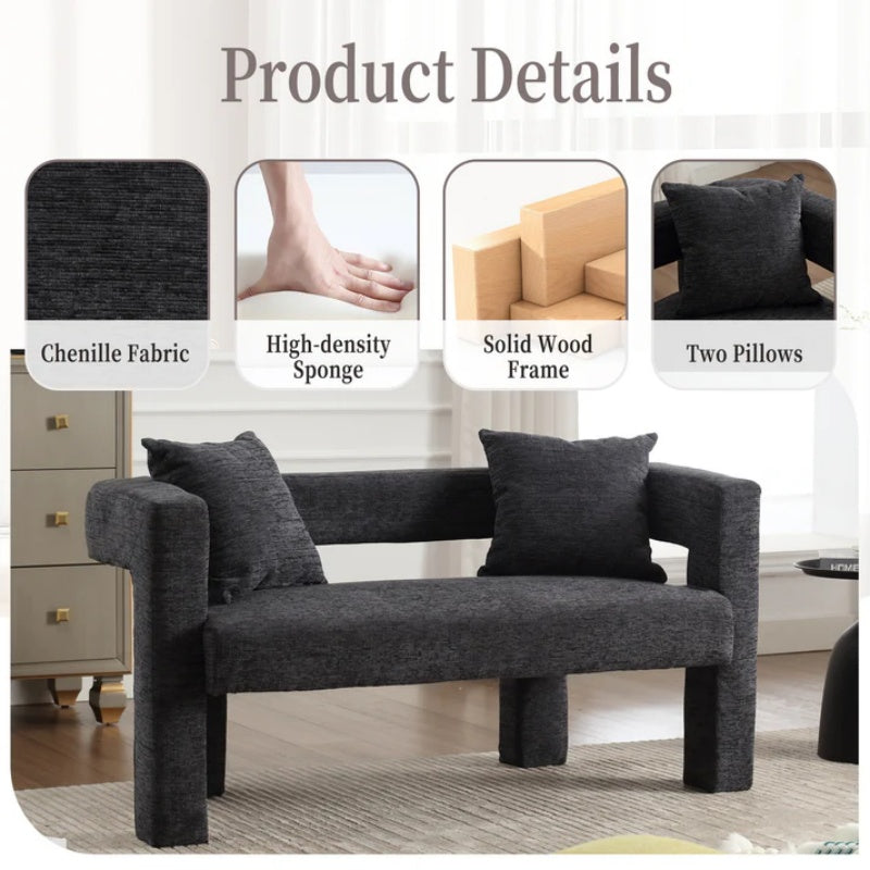 Modern Chenille Loveseat Sofa, Comfy Upholstered 2-Seater Sofa, Small Loveseat Accent Couch for Living Bedroom Leisure Areas, Carbon Black-海智集-Default-