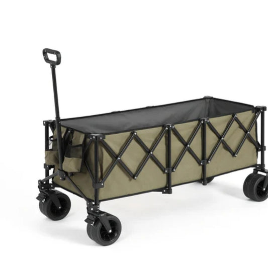 Foldable Extended Wagon with 220lbs Weight Capacity, Heavy Duty 300L Folding Utility Garden Cart with Big All-Terrain Beach Wheels & Drink Holders. -Army green-海智集-Default-