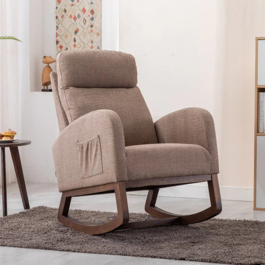 Rocking Chair, Modern Glider Chair, Recliner Armchair with Wood Legs and Side Pocket, Nursery Rocking Accent Chair with High Back for Living Room Bedroom (Camel linen)-海智集-Default-
