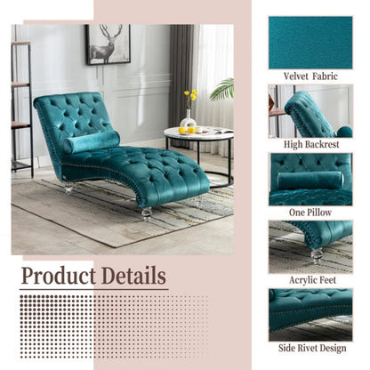 Velvet Chaise Lounge Indoor, Button-Tufted Upholstered Chaise Lounge Chair with Pillow, Teal Velvet, 63.38 inch-海智集-Default-