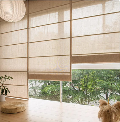 New Chinese-style roller blinds, Japanese Roman blinds, smart electric lifting curtains, linen simple style, cotton and linen not penetrating-海智集-