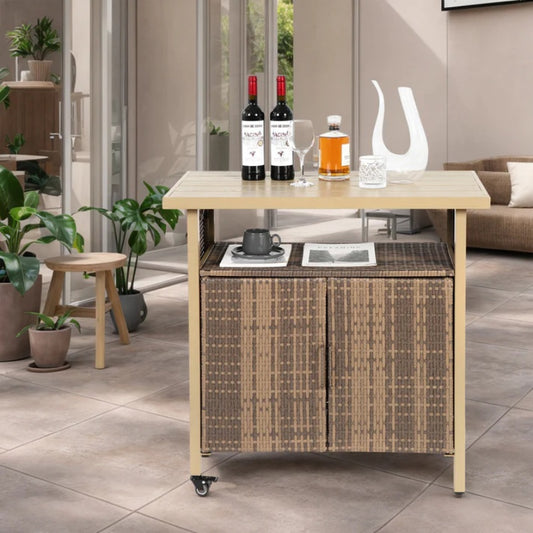Outdoor Wicker Bar Cart, Patio Wine Serving Cart w/Wheels , Rolling Rattan Beverage Bar Counter Table w/Glass Top for Porch Backyard Garden Poolside Party, Light brown-海智集-Default-