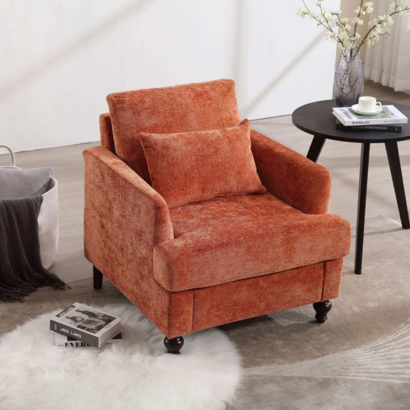 Modern Mid Century Wood Frame Armchair with Tufted Design and Orange Chenille Upholstery-海智集-Default-