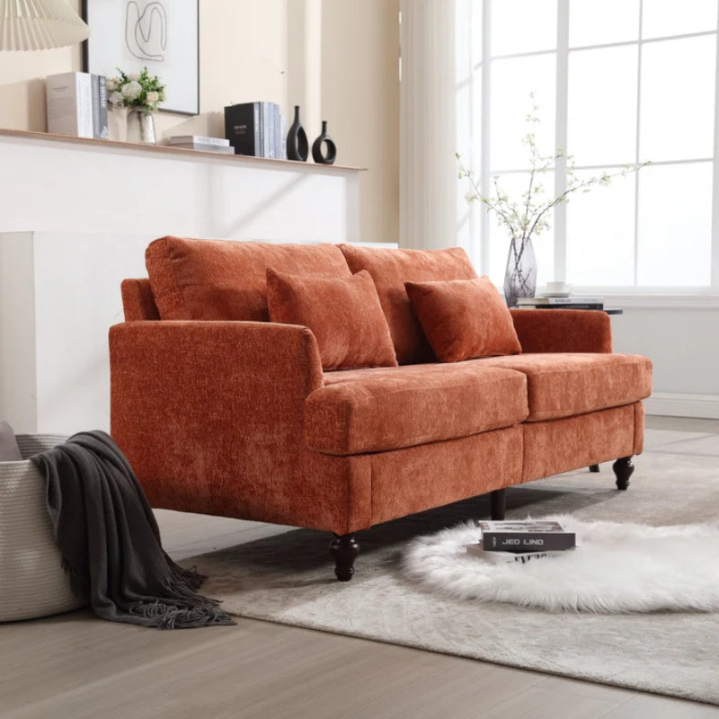 Mid Century Modern Chenille Fabric Loveseat Sofa with Brown Wood Feet, 2-Seat Upholstered Couch in Orange for Living Room or Bedroom-海智集-Default-