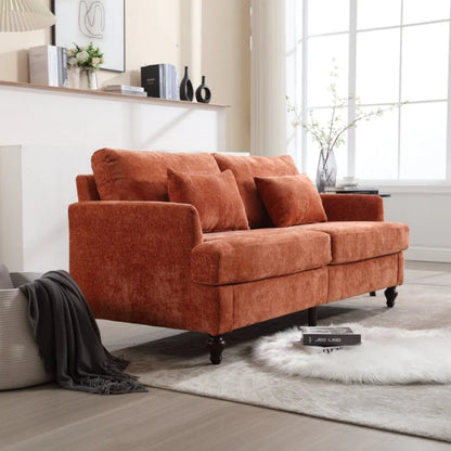 Mid Century Modern Chenille Fabric Loveseat Sofa with Brown Wood Feet, 2-Seat Upholstered Couch in Orange for Living Room or Bedroom-海智集-Default-