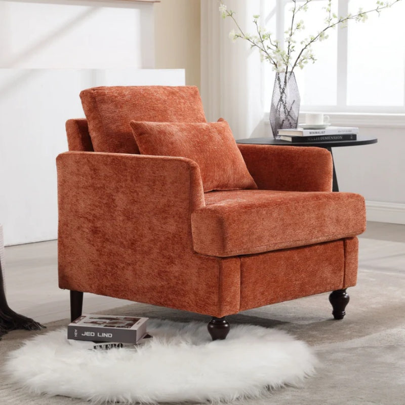 Modern Mid Century Wood Frame Armchair with Tufted Design and Orange Chenille Upholstery-海智集-Default-