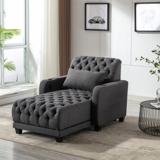 COOLMORE Multifunctional Living Room Leisure Chaise Lounge Barry Tufted Comfy Armchair Wireless Charging, Smooth Reclining Backrest & Lumbar Pillow for Home Apartment (Dark Grey linen)-海智集-Default-
