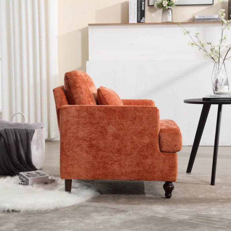 Modern Mid Century Wood Frame Armchair with Tufted Design and Orange Chenille Upholstery-海智集-Default-