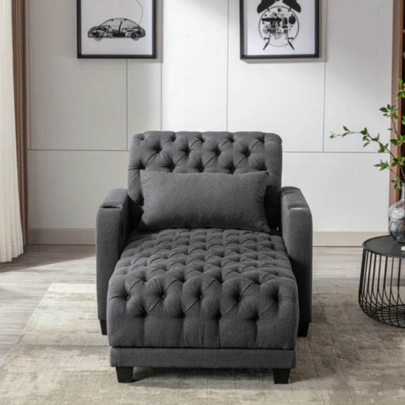 COOLMORE Multifunctional Living Room Leisure Chaise Lounge Barry Tufted Comfy Armchair Wireless Charging, Smooth Reclining Backrest & Lumbar Pillow for Home Apartment (Dark Grey linen)-海智集-Default-