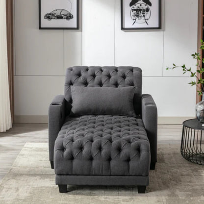 COOLMORE Multifunctional Living Room Leisure Chaise Lounge Barry Tufted Comfy Armchair Wireless Charging, Smooth Reclining Backrest & Lumbar Pillow for Home Apartment (Dark Grey linen)-海智集-Default-