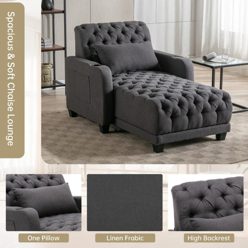 COOLMORE Multifunctional Living Room Leisure Chaise Lounge Barry Tufted Comfy Armchair Wireless Charging, Smooth Reclining Backrest & Lumbar Pillow for Home Apartment (Dark Grey linen)-海智集-Default-
