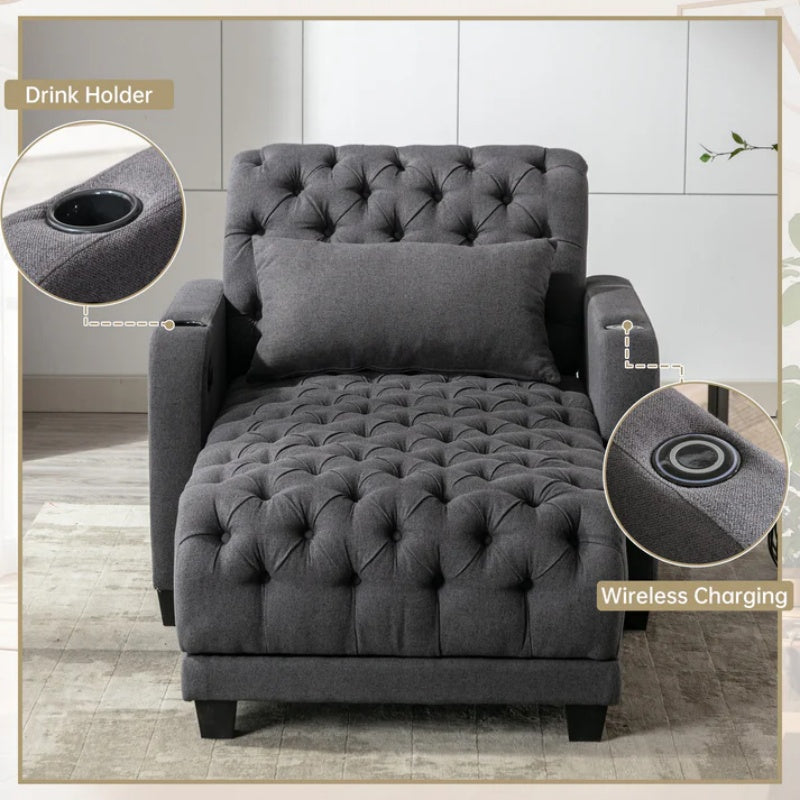 COOLMORE Multifunctional Living Room Leisure Chaise Lounge Barry Tufted Comfy Armchair Wireless Charging, Smooth Reclining Backrest & Lumbar Pillow for Home Apartment (Dark Grey linen)-海智集-Default-