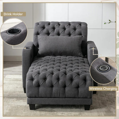 COOLMORE Multifunctional Living Room Leisure Chaise Lounge Barry Tufted Comfy Armchair Wireless Charging, Smooth Reclining Backrest & Lumbar Pillow for Home Apartment (Dark Grey linen)-海智集-Default-