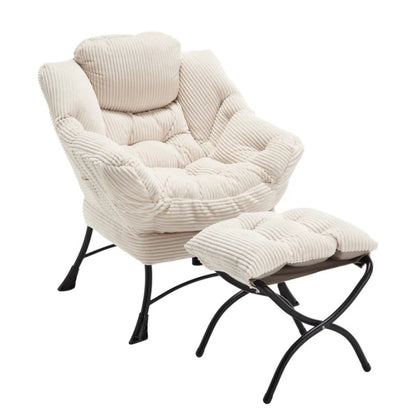 Lazy Chair with Ottoman, Modern Lounge Accent Chair with Armrests and a Side Pocket, Leisure Upholstered Sofa Chair Reading Chair with Footrest for Small Space, Corner Chair-White-海智集-Default-