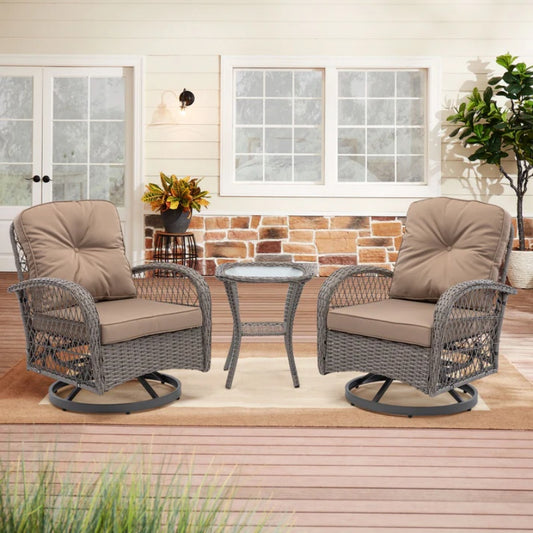 3 Pieces Outdoor Swivel Rocker Patio Chairs, 360 Degree Rocking Patio Conversation Set with Thickened Cushions and Glass Coffee Table for Backyard, Khaki-海智集-Default-