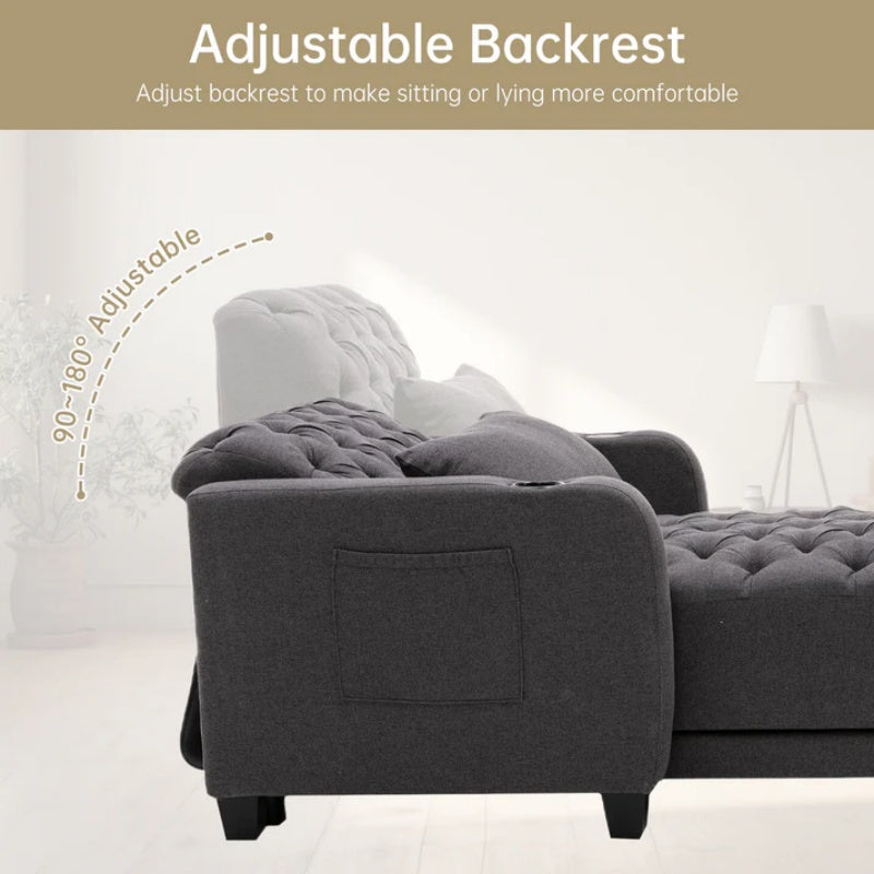 COOLMORE Multifunctional Living Room Leisure Chaise Lounge Barry Tufted Comfy Armchair Wireless Charging, Smooth Reclining Backrest & Lumbar Pillow for Home Apartment (Dark Grey linen)-海智集-Default-